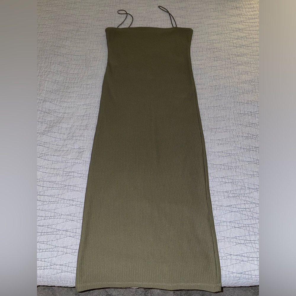 Topshop Army Green Ribbed Spaghetti Strap Midi Dress Size 4